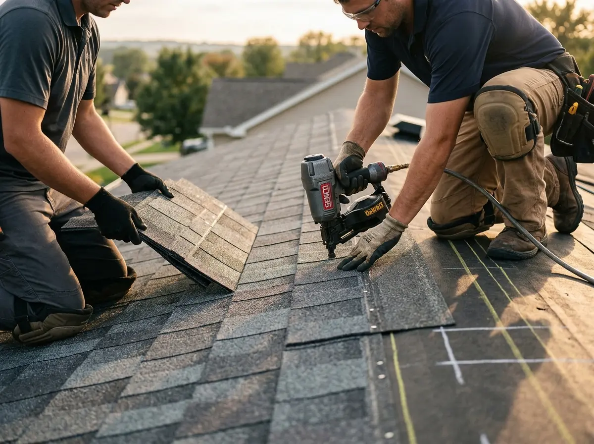 Professional roofer working on a residential roof in Joshua